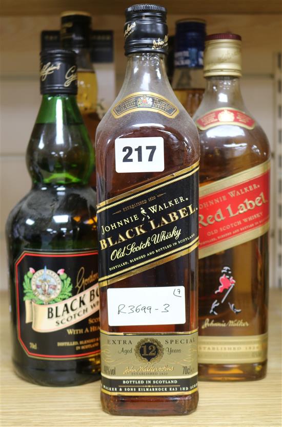 7 Bottles of Whisky- Black Bottle, Black Grouse, Highland Black, Label 5, Whyte & Mackay, Johnnie Walker Red Label & Black Label